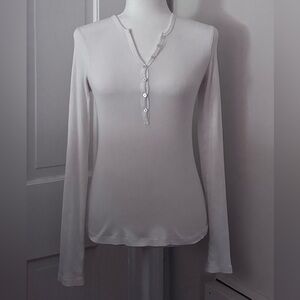 Calvin Klein White Long Sleeve Ribbed Henley Top, Size Medium
